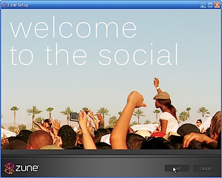 A picture of one of the Zune's installation screens, that says 'Welcome to the social' A picture of one of the Zune's installation screens, that says 'Welcome to the social'