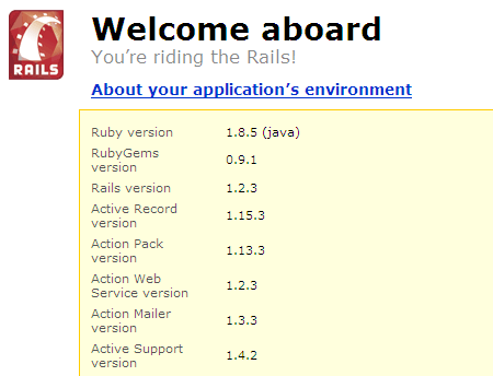 A picture of the Ruby on Rails welcome screen that shows the Ruby version as 1.8.5 (java) A picture of the Ruby on Rails welcome screen that shows the Ruby version as 1.8.5 (java)