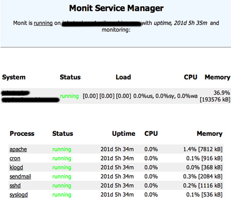 A screenshot of the monit system management page for AssetsGraphed, showing 201 days uptime A screenshot of the monit system management page for AssetsGraphed, showing 201 days uptime