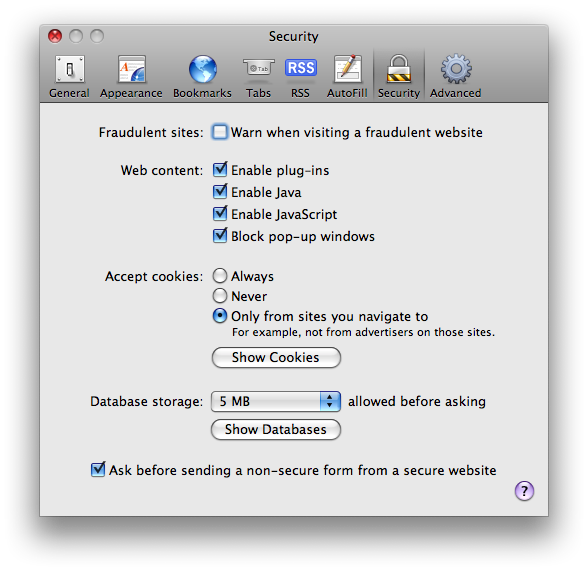 A picture of the Security tab of Safari's preference pane A picture of the Security tab of Safari's preference pane
