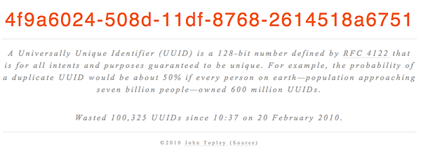 UUID Waster: wasting UUIDs, one second at a time… A screenshot of UUID Waster